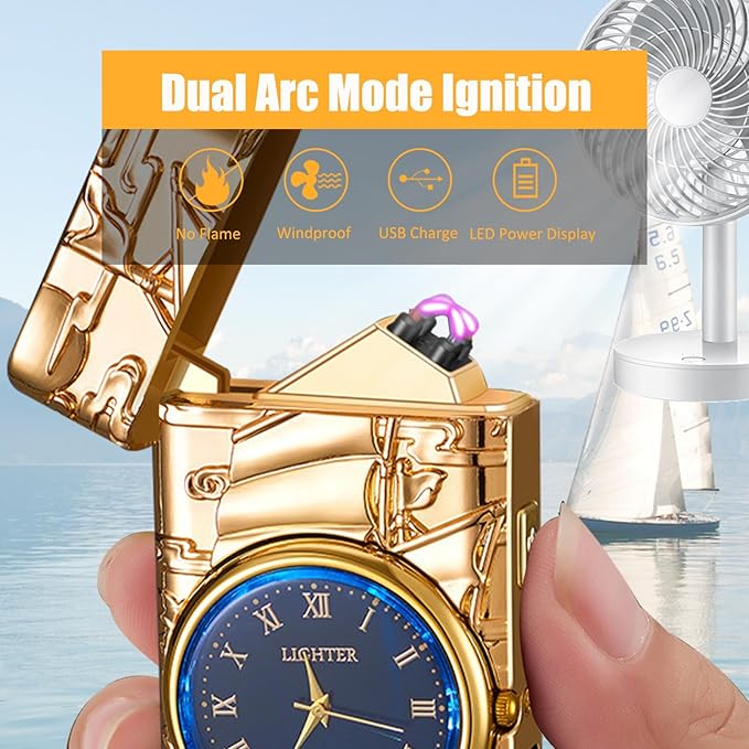 Cool Lighter with Clock Dial Electric Lighter with LED Power Display Plasma Lighter Windproof USB Rechargeable Lighter Gifts for Men Women (Sailboat-Gold)
