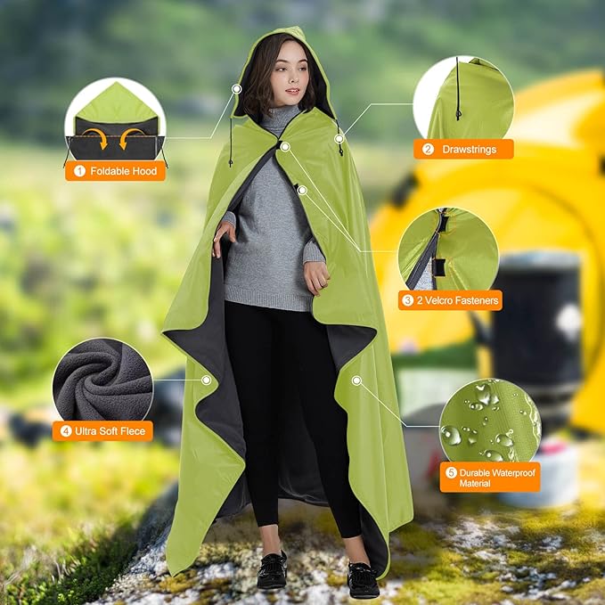 DOBYE Hooded Stadium Blanket, Large Waterproof Outdoor Fleece Blanket, Windproof Wearable Portable Warm Mat for Camping