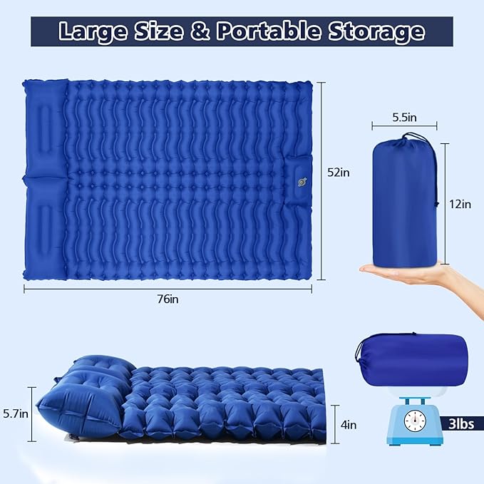 Double Camping Sleeping Pad with Built-in Foot Pump and Pillows Thick Inflatable 2 Person Portable Camping Mat for Hiking Backpacking Tent