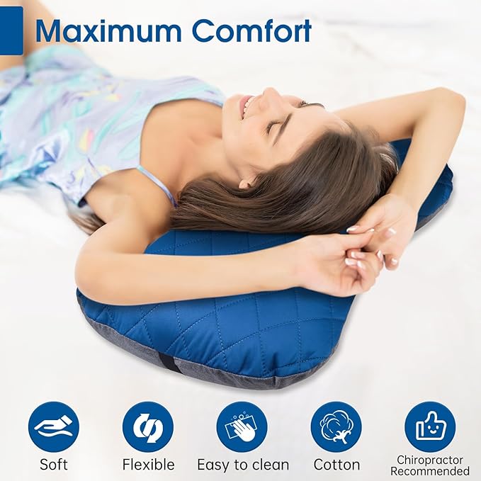 Inflatable Camping Pillow with Removable Cover - Ultralight Compact Camp Pillows for Sleeping, Backpacking, Hiking, Beach, Outdoor - Portable Blow Up Air Travel Pillow for Neck & Lumbar Support - Blue