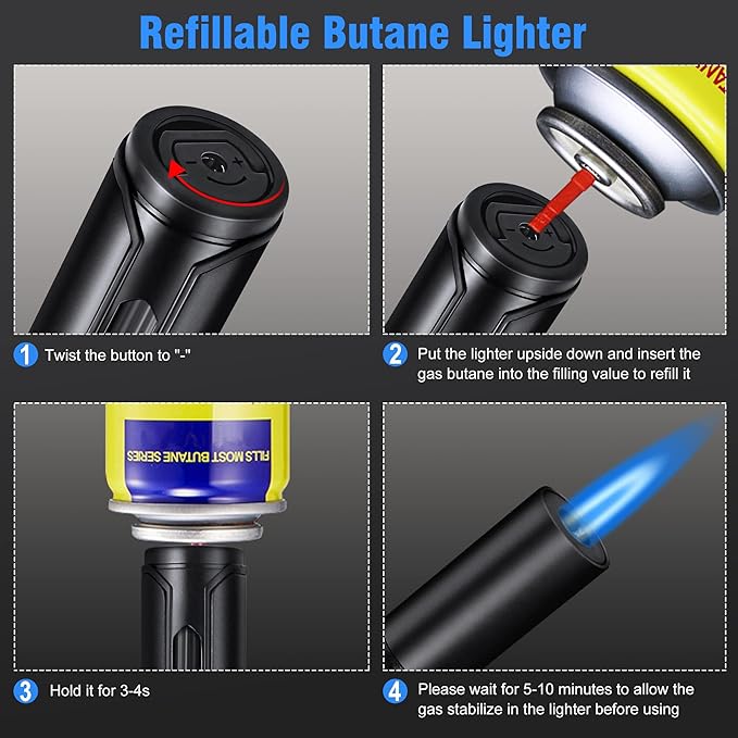 Butane Torch Lighter Refillable Torch Lighter 2 Pack Adjustable Jet Flame Butane Lighter Black 6-inch Pen Butane Lighter for BBQ Stove Grill Candle Camping 6-inch (Gas Not Included)