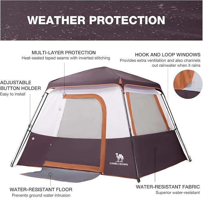 CAMEL CROWN Cabin Tent with 1-Minute Setup, 4/6 Person Instant Tent with Weatherproof Floor