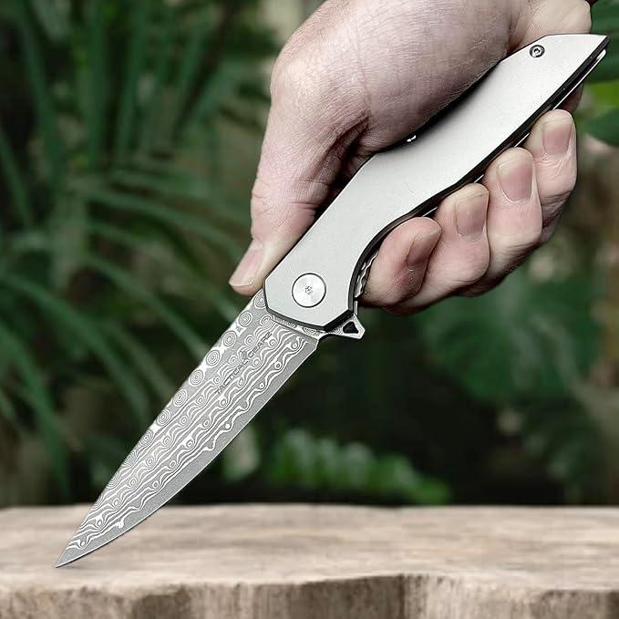 TACTICAL GEARZ EDC Damascus Pocket Folding Knife! Solid Titanium Handle! 67 Multi-Layered VG10 Damascus Steel Blade! (Volan XT Beast Bundle)