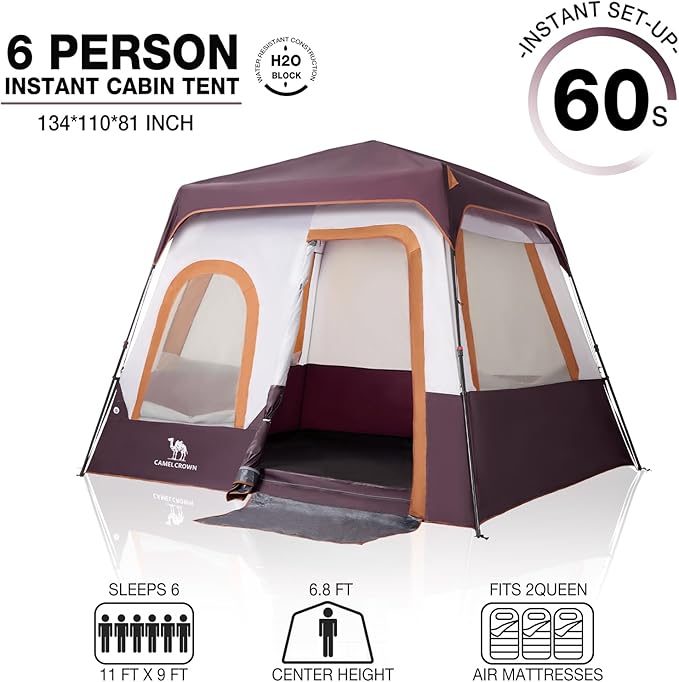 CAMEL CROWN Cabin Tent with 1-Minute Setup, 4/6 Person Instant Tent with Weatherproof Floor