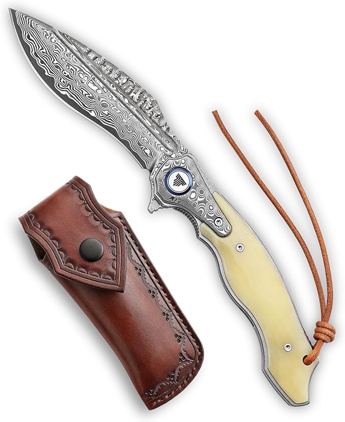 Handmade Damascus Steel Folding Hunting Knife with Leather Sheath,4.09'' Large Blade,Damascus and Bone Handle Pocket Knives for Men EDC Camping, Lepus-02