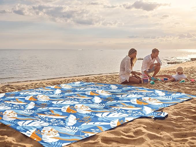 WEKAPO Beach Blanket Waterproof Sandproof Oversized, Extra Large Beach Mat Sand Free, Lightweight & Compact Sand Free Mat with 6 Stakes & 4 Corner Pockets