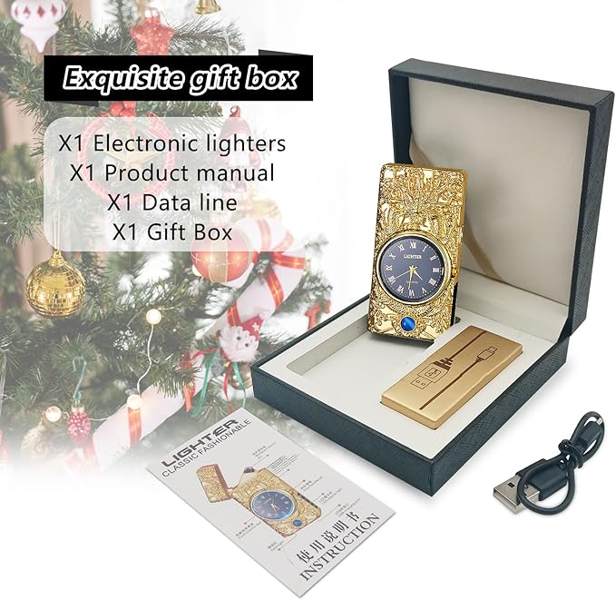 Lighter Multifunction with Led Display Arc Lighter Strong Windproof USB Rechargeable Lighter Fashion Luxury Metal Lighter with Clock Dial Suitable for Gifts(Gold)