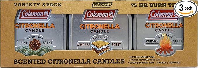 Coleman Scented Tin Citronella Candle - 3 Pack, S'Mores, Pine and Campfire