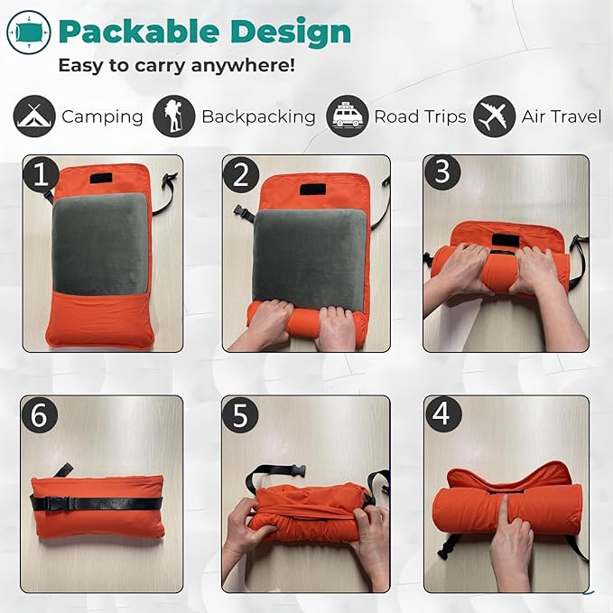 Travel and Camping Pillow -Compressible Memory Foam Pillow for RV, Backpacking, Airplane, Great Neck and Lumbar Support -with Breathable Soft Pillowcase