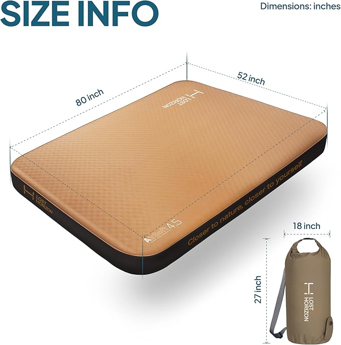 LOSTHORIZON Air & Foam Camping Mattress, Self-Inflating Sleeping Pad, 4.5" Thick, with Air Pump, Full