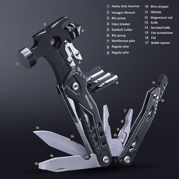 RAXCO Hammer Multitool,17-in-1 Multi-Tools Mini Hammer, Father Day Husband Boyfriend Multitool Gift for Men(6.41×2.83×1inch)