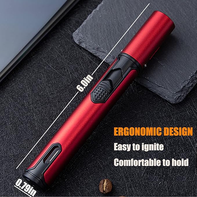 Anrapley Butane Lighter, 6.0in Long Torch Lighter with Fuel Level Window, Windproof Pen Lighter Adjustable Jet Flame for Grill Candle Kitchen Fireplace Camping BBQ, Mens Gifts, Red(Gas not Included)
