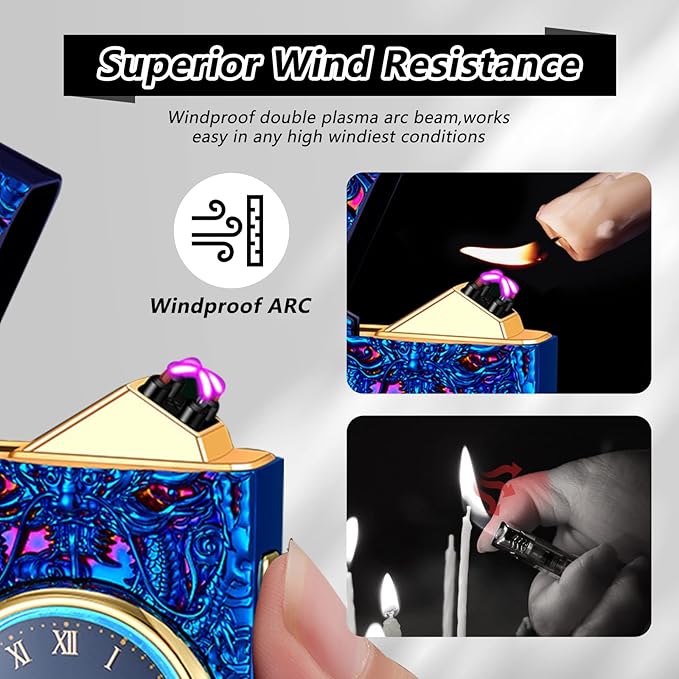 Plasma Lighters Electric Lighters Rechargeable USB Flameless Windproof Arc Lighter Vintage Fancy Cute Lighter for Candles, Fireworks, Camping, Hiking, Adventure (Blue)