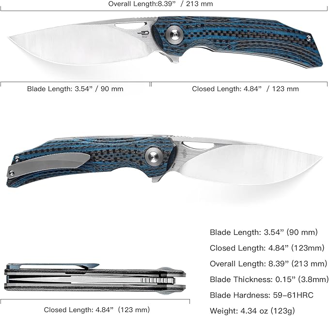 BESTECH KNIVES Pocket Folder Folding Knife: 3.54" 154CM Steel Satin Blade, Carbon Fiber and G10 Scales, Flipper, Liner Lock, EDC Titanium Clip, BL01B (Black Blue)