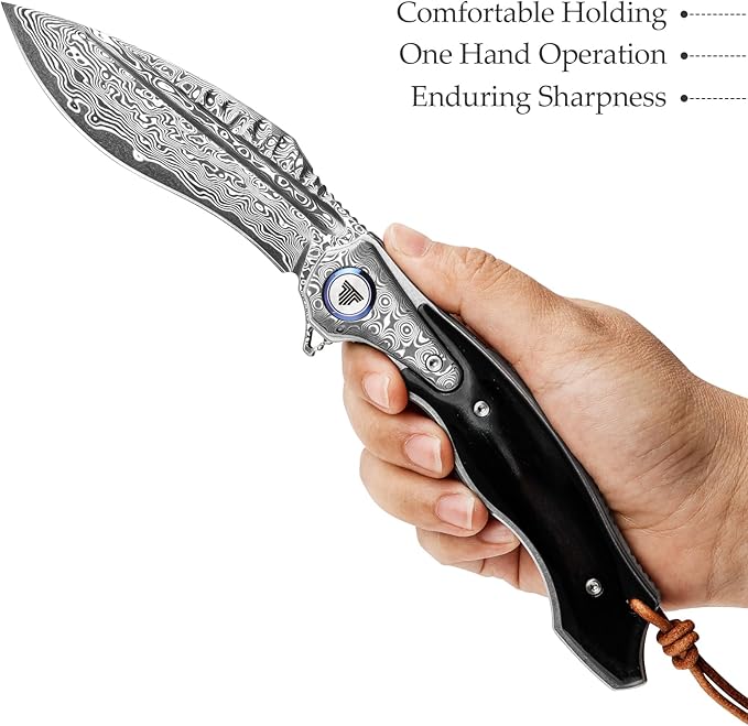 Knives Lepus-02B|Folding Knives & Pocket Knife for Men, Outdoor Flipper Knife,4.09" Damascus Steel,OX Bone Scale,Collections, Gift Box
