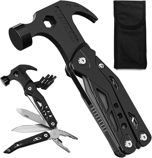 Multitool Hammer Folding Survival Tool: 14 in 1 All One Multi Mini Small Gadget - Camping Hiking Car Multifunctional Stainless Pliers Knife For Men Dad Cool Gifts