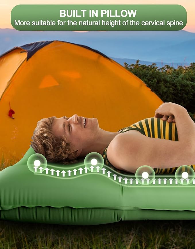 Sleeping Pad for Camping Extra Thick 5'' - Camping Sleeping Mat with Pillow, Self Inflating Camping Pad Built-in Foot Pump, Inflatable Mattress Camping Backpacking Hiking Traveling (Green)
