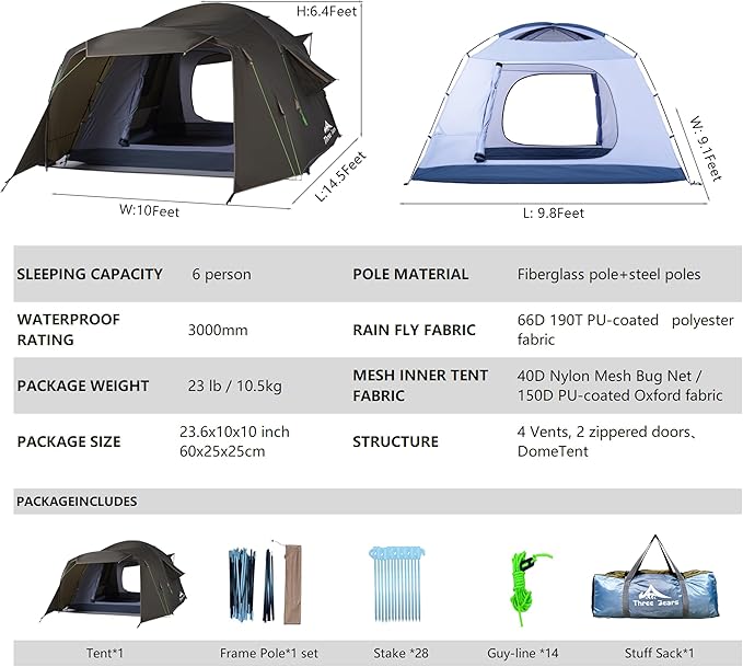 Family Camping Tent - 6-Person Spacious Design, 3000mm Waterproof, Suitable for Road Trips/Backyards/Extended Camping Adventures in All Scenarios