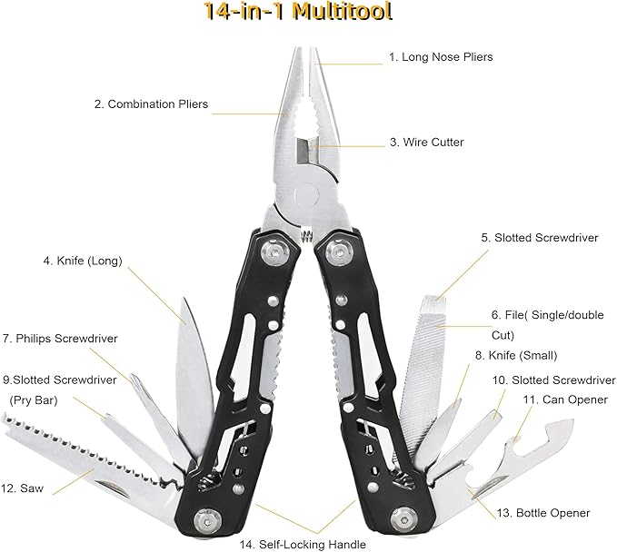 Multitool with Pocket Knife Safety Lock, 14-in-1 Multi-tool Pliers with Nylon Sheath for Men Camping Hiking Fishing Outdoor Survival (Black)