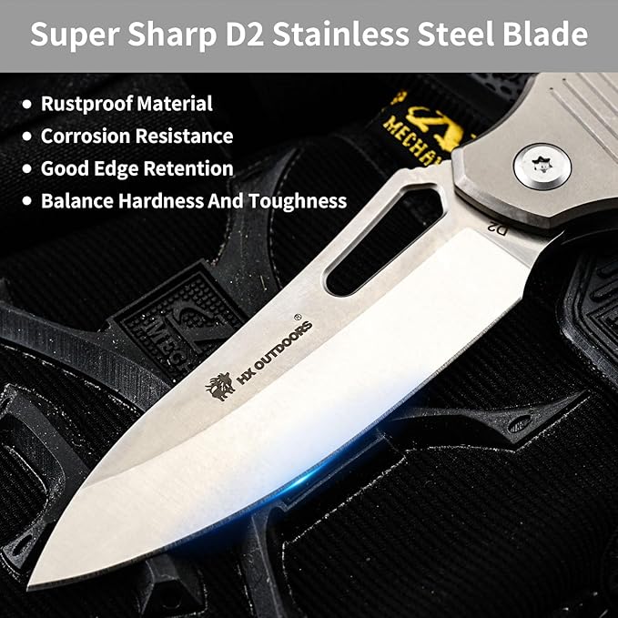 HX OUTDOORS Folding Pocket Knife, Premium D2 Steel Foldable EDC Camping Knife with Titanium Alloy Handle, Portable Clip EDC Tools for Camping Hiking Survival Outdoor, Men Women Gift