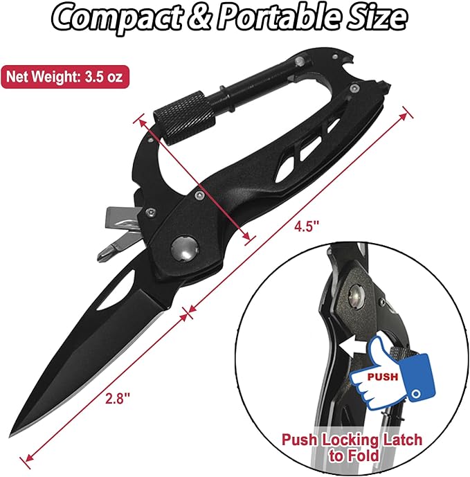 Carabiner with Knife, Multitool Carabiner Pocket Knife, Folding Sharp Knives, Sturdy Handy Tool, Belt Cutter, Bottle Opener, Window Breaker, Screwdriver, for Safety in Car, Camping, Hiking