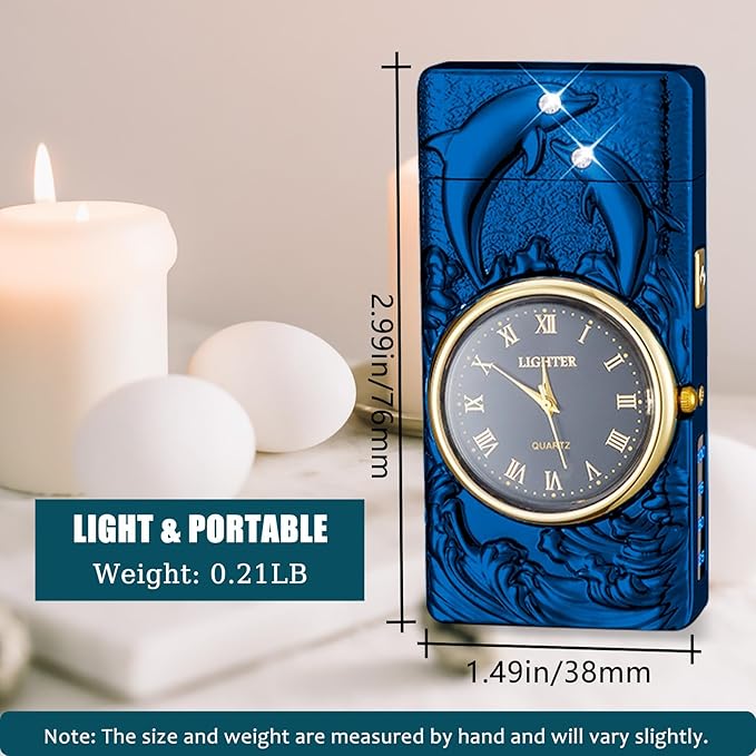 Electric Candle Lighter USB Rechargeable Lighter Plasma Arc Lighter Unique Cool Electronic Lighter with Clock Dial for Outdoor Grill, BBQ, Cooking (Blue Dolphin)