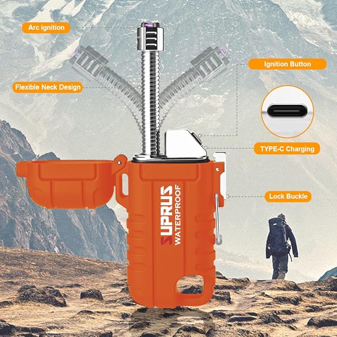 SUPRUS Waterproof Lighter Windproof Lighter Arc Plasma Lighters USB-C Rechargeable with Expandable and Flexible Neck for Outdoor Camping Kitchen (Orange)
