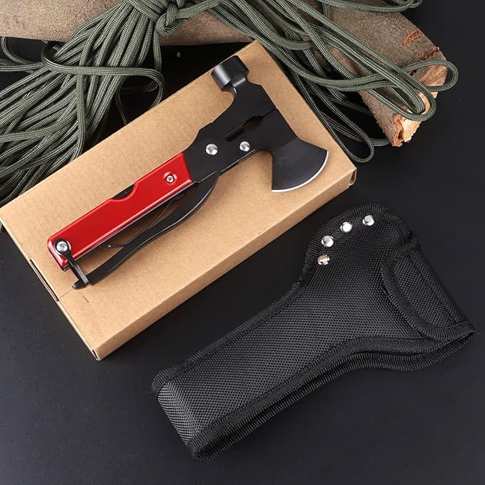 Multitool Axe Hammer Camping Tool, 14 in 1 Stainless Steel Multi tool with Hammer Axe Knife Plier Screwdrivers Saw Bottle Opener (Red) and Durable Sheath for Men Gifts