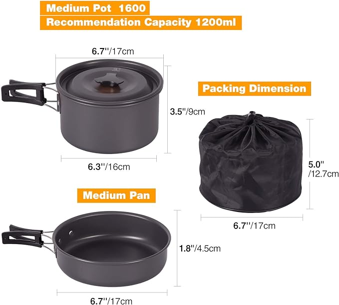 REDCAMP 11/12/17/22 PCS Camping Cookware Mess Kit, 800ml (28oz) Backpacking Camping Pot+Pan Set, Lightweight and Compact Cookware for Hiking, Picnic and Camping