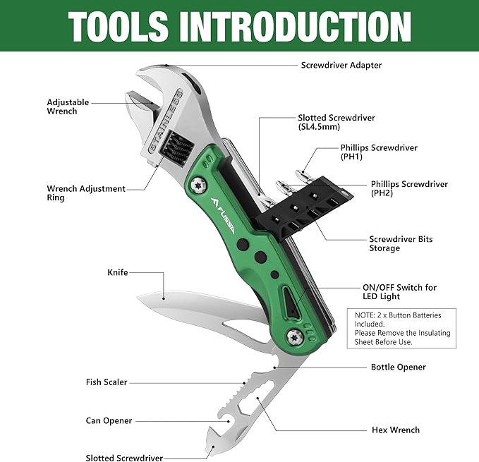 FLISSA 13-in-1 Multi Tool Wrench, Stainless Steel Multitool Adjustable Wrench with LED Light, EDC Pocket Knife with Sheath, Multipurpose Multi Use Tool Wrench