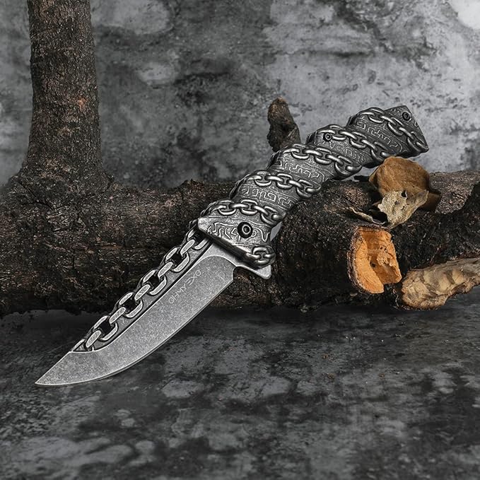 Stainless Steel Pocket Folding Knife with A Sculpted Chain Handle - Safety Liner Lock, Pocket Belt Clip Knife - Portable Tactical Utility Knives for Men Great for EDC, Camping, Fishing & More