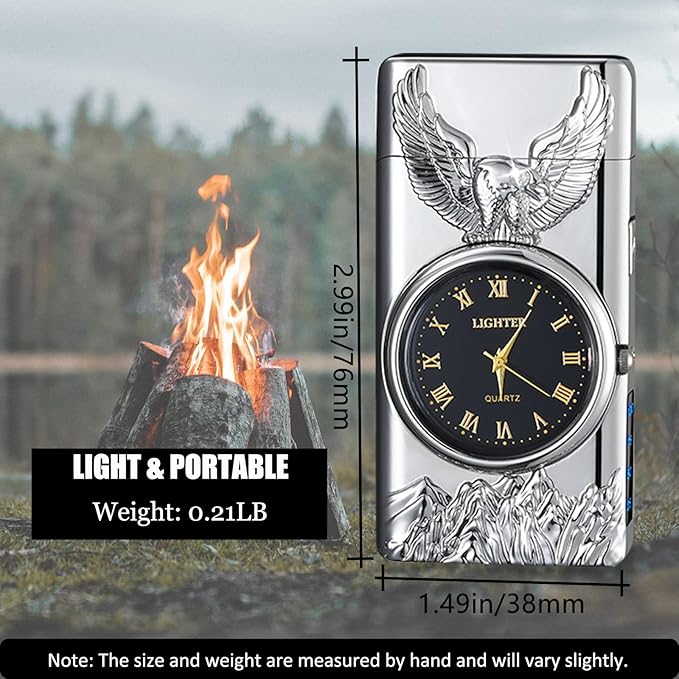 Cool Lighter with Clock Dial Electric Lighter with LED Power Display Plasma Lighter Windproof USB Rechargeable Lighter Gifts for Men Women (Eagle-Silver)