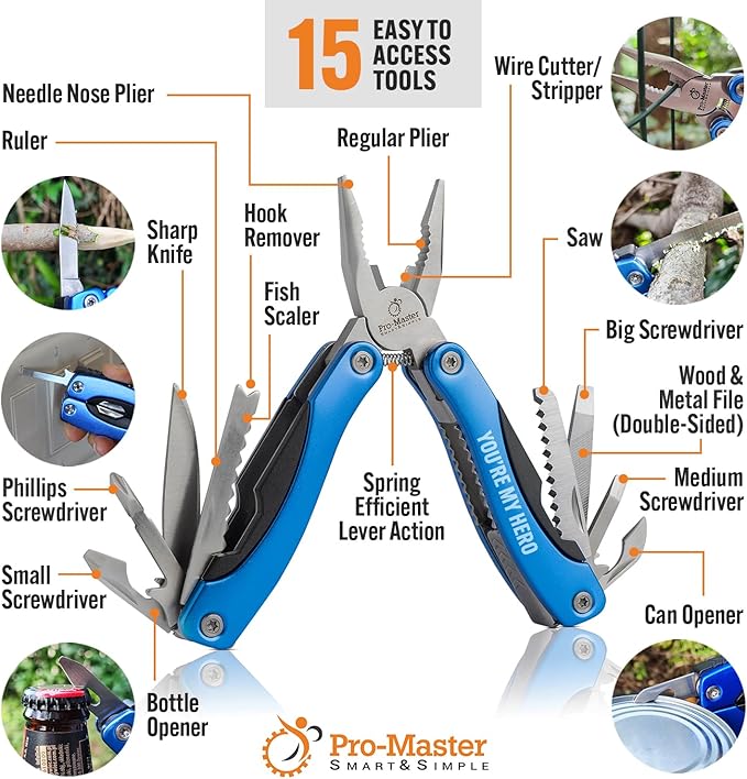 All In One ‘Hero’ Pocket Multitool – 15 in 1 Multi Use Tool with Keyring- Ideal Christmas Gift for Men – Ideal Gift for Dad, Brother or Boyfriend – Hiking, Camping, Survival or Fishing Multitool