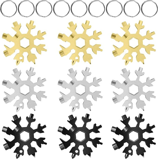 18-in-1 Snowflake Multi Tool, 9 Pack Stainless Steel Snowflake Bottle Opener/Flat Phillips Screwdriver Kit/Wrench, Durable and Portable to Take