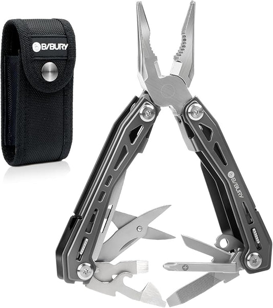 BIBURY 17-in-1 Multitools, Portable Multitool Foldable Spring-Loaded Pliers with Scissors, Can Opener & Screwdriver, EDC Tools for Camping, Outdoor Activities, Home Repair - Titanium Plating