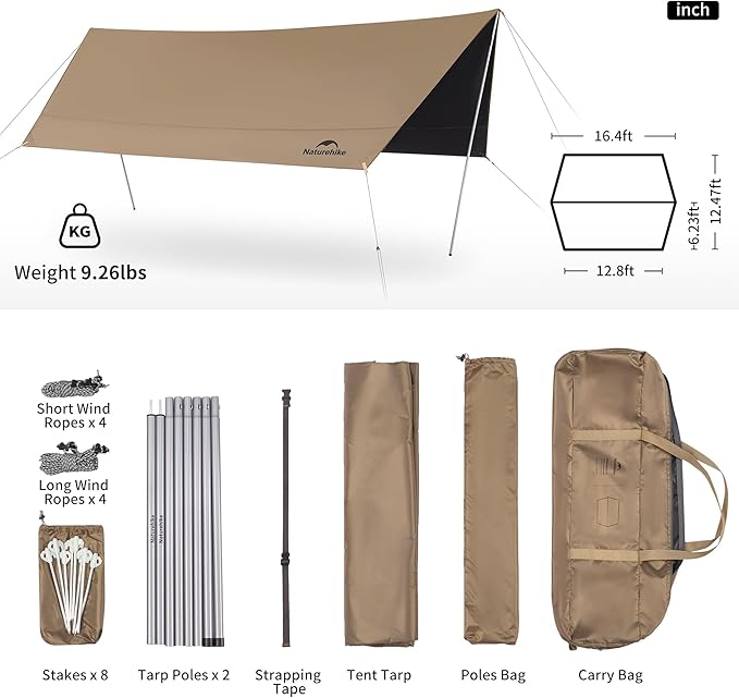 Naturehike Cloud Skies Camping Tent Tarp with Poles, Waterproof PU 18000mm+ Rain Shelter, Anti-UV UPF2000+ Camping Sun Shelter Camping Canopy, Camping Tent Canopy for Outdoor Party, Picnic