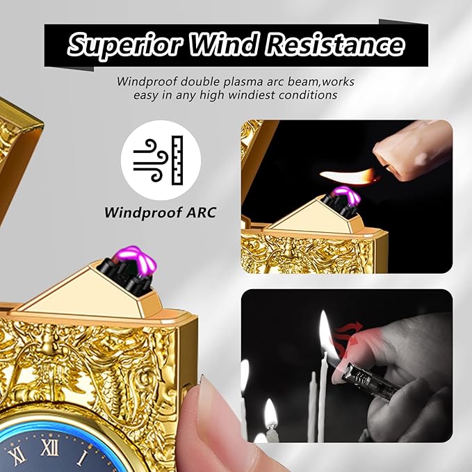 Lighter Multifunction with Led Display Arc Lighter Strong Windproof USB Rechargeable Lighter Fashion Luxury Metal Lighter with Clock Dial Suitable for Gifts(Gold)