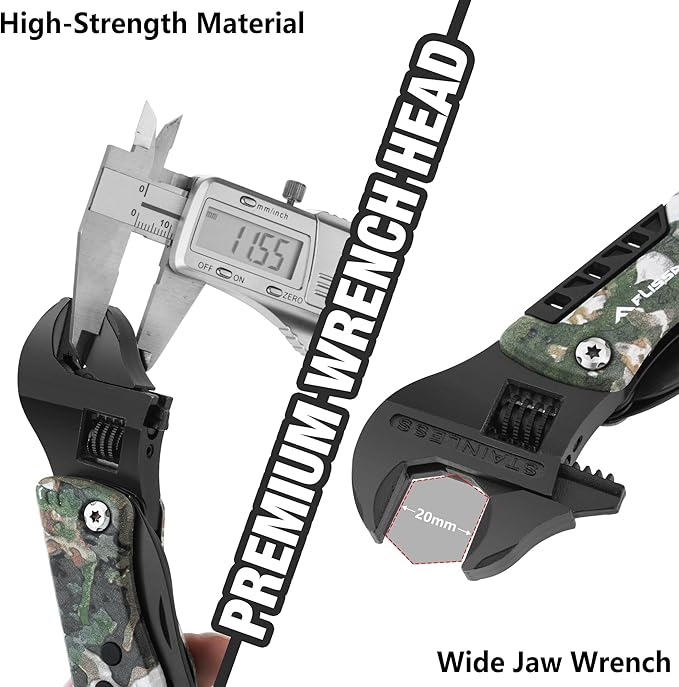 FLISSA 13-in-1 Multi Tool Wrench, Stainless Steel Camo Multitool Adjustable Wrench with LED Light, EDC Pocket Knife with Sheath, Multipurpose Multi Use Tool Wrench