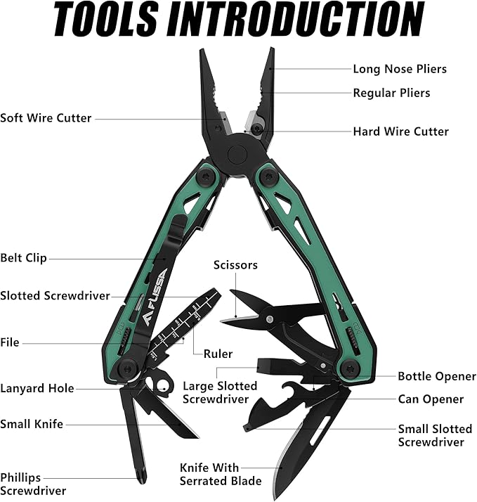 FLISSA 16-in-1 Multi Tool Pliers, Stainless Steel EDC Multitool with Pocket Knife, Belt Clip and Oxford Pouch, Self-locking Multipurpose Utility Multi-Tool for Camping Survival Outdoor Activities