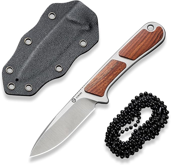 CIVIVI Mini Elementum Fixed Blade Knife with a Kydex Sheath and a Chain for EDC Neck Carry, Small Skeletonized Full Tang Knife with 2.24" Nitro-V Blade Wood Handle C23010-4