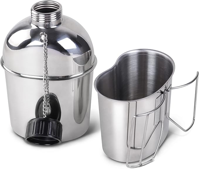 Goetland Stainless Steel WWII US Army Canteen Water Bottler Military Canteen Kit 1.3QT with 0.6QT Cup Nylon Pouch G.I.