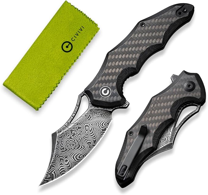 CIVIVI Chiro Pocket Knife for EDC, Folding Knife with Flipper 3.1" Damascus Blade Carbon Fiber Overlay On Black G10 Handle, Utility Knife for Men Women C23046-DS1