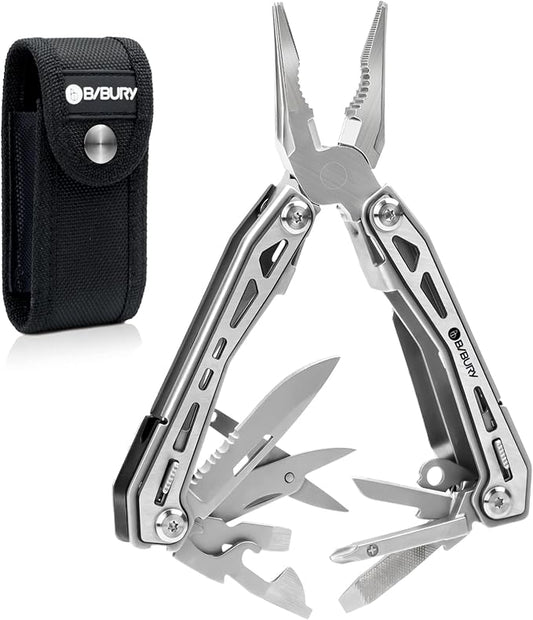 BIBURY 17-in-1 Multitools, Portable Multitool Foldable Spring-Loaded Pliers with Scissors, Can Opener & Screwdriver, Safety Locking EDC Tools for Camping, Outdoor Activities, Home Repair - Black
