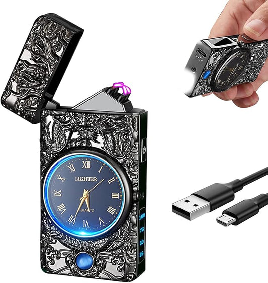 Cool Lighter with Clock Dial Electric Lighter with LED Power Display Plasma Lighter Windproof USB Rechargeable Lighter Gifts for Men Women(BlackDragon)