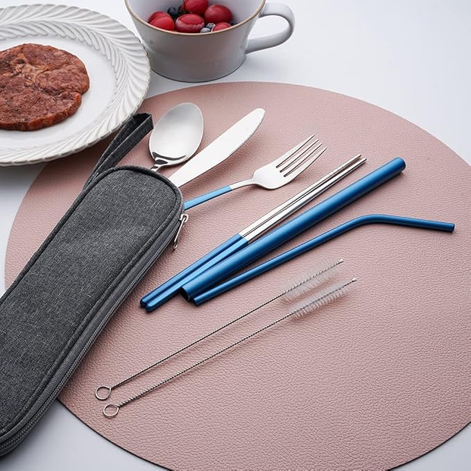Travel Utensils with Case,Reusable Travel Cutlery Set with Case Stainless Steel Flatware Set for Camping 8pcs Including Dinner Knife Fork Spoon Chopsticks Boba Straw (Shining Blue)