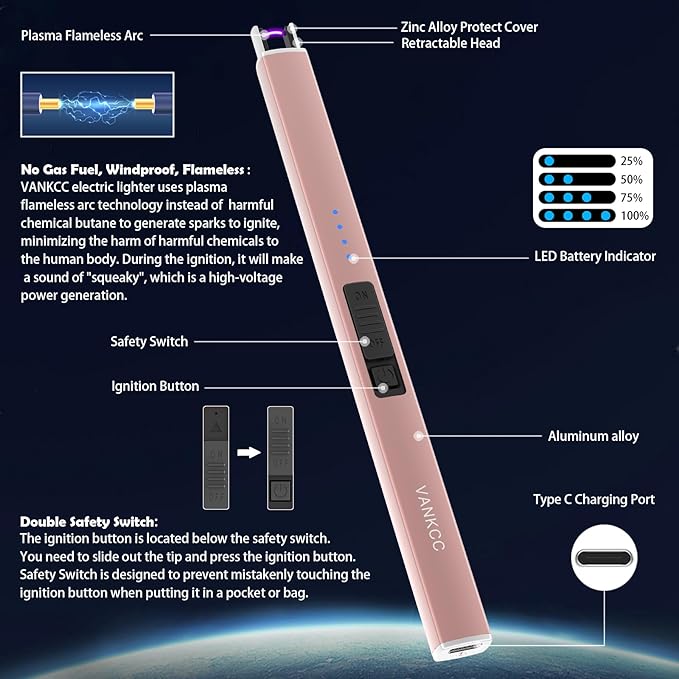 Electric Candle Lighter Plasma Arc Lighters USB Long Stick Lighters Windproof Flameless with Rechargeable Battery Safety Lock for Candle Camping BBQs Fireworks (Rose Gold)