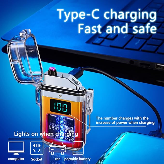Electric Rechargeable Lighter Transparent Waterproof Dual Arc Plasma Lighter Type-C Rechargeable Lighter Outdoor Windproof Lighter for Outdoor,Camping,Candle and Survival(Red and Yellow)