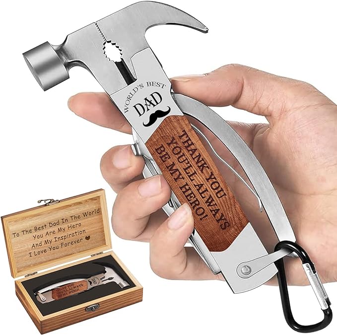 VEITORLD Gifts for Dad from Daughter Son Kids, Unique Birthday Gift Ideas for Men Stepdad Papa, All in One Tools Hammer Multitool with Engraved Wooden Box, Cool Gadgets(Dad are Hero)