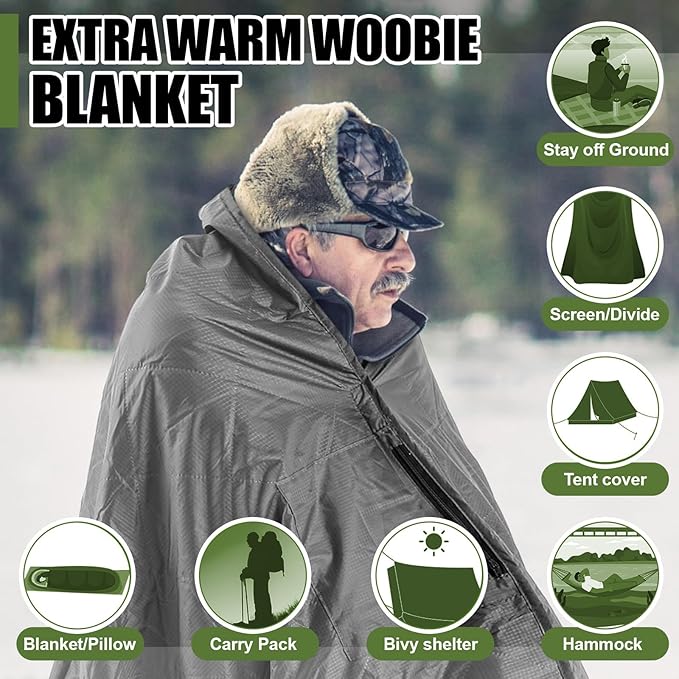 59" x 79" Woobie Blanket Camping Blanket with Sherpa Lining Large Military Blanket Waterproof Warm Outdoor Blanket for Camping, Hunting, Sporting Events, Picnic, Hiking(Black,1 Pc)