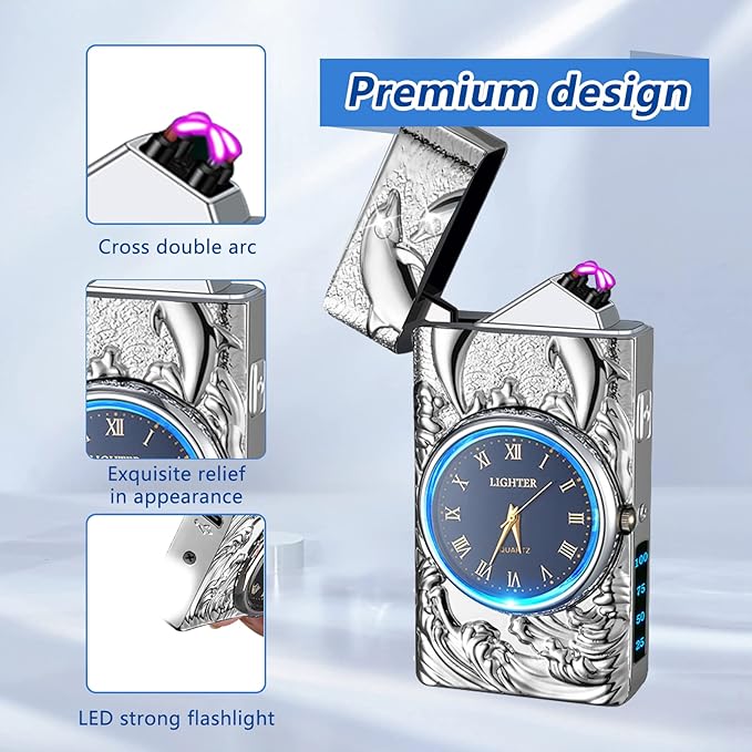Gifts for Him Electric Lighters USB Type C Rechargeable Electronic Lighter Windproof Plasma Lighter with Safety Switch,Gifts for Men (Silver)